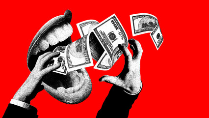 Black and white illustration of mouth eating money. Concept of financial literacy, economic, business, money. Critique the excesses of capitalism, greed, materialism, consumerism. Contemporary art