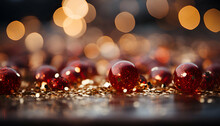 Christmas Background With Red Balls And Golden Bokeh Lights. Shallow Depth Of Field