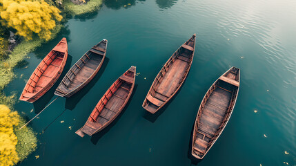 Sticker - Top view of wooden boats on the river created with Generative AI technology