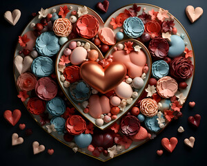 Wall Mural - Valentine's day background with hearts and flowers. 3d rendering