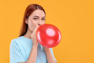 Sticker - Woman inflating red balloon on orange background, space for text