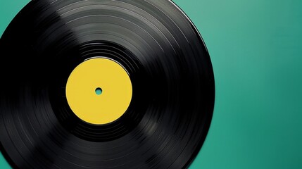 Black Vinyl Record on green background. Image of a Long Play. Sound tracks on a vinyl record