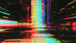 VHS rgb glitch pixels texture, A blurry, colorful cityscape with a lot of lines and shapes