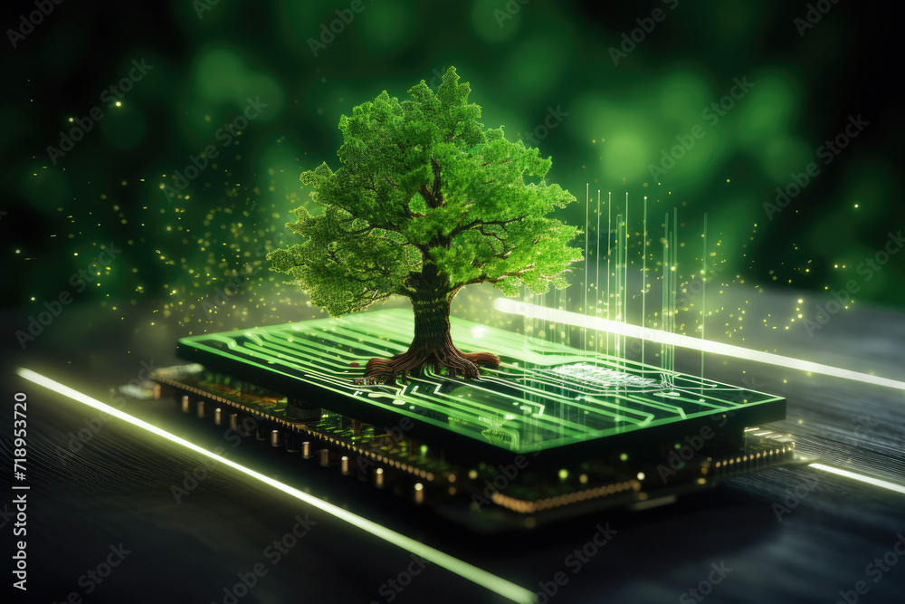 Tree growing on the converging point of computer circuit board. Green ...