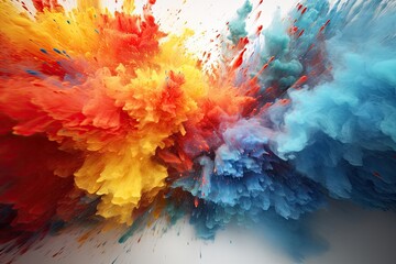 Poster - Multicolored particles explosion on white background. Colorful dust splatter on white background.
