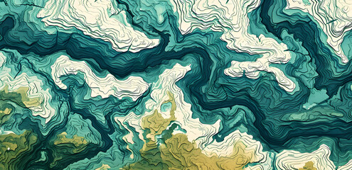 Wall Mural - A blue swirl topographic contour ocean, watercolor sea waves illustration on isolated white background. Depth, distance and the ocean is very large