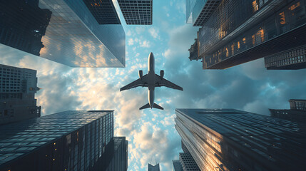 Wall Mural - Silhouette of a jet plane flying low over different kind of architecture with commercial office buildings, bottom view of a plane flying in the sky over skyscrapers, Generative Ai