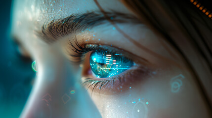 Female eye close up with smart contact lens with digital and bio-metric implants to scanning the ocular retina. Future concept and hi tech technology for computer scans of face identification
