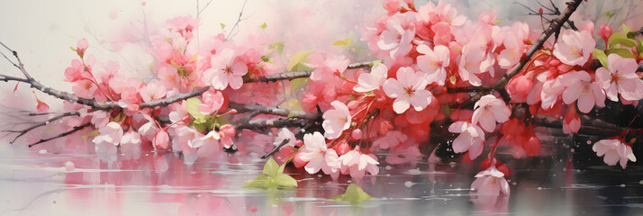 Cherry blossom branch with sakura flower. Sakura on white background. Watercolor cherry bud.