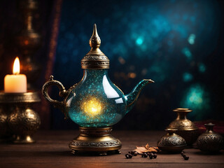 Precious golden aladin magic lamp with smoke on vibrant background, fairy tales and wish fulfillment concept