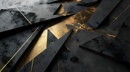 Wall Mural - Contemporary abstract backdrop with scattered geometric shapes in black and gold textures, enhanced by striking lighting. Perfect for sophisticated designs, wallpaper, and creative backdrop ideas