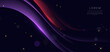 Abstract futuristic curved glowing red and purple light lines on dark blue background.