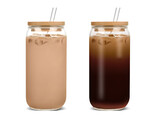 Fototapeta  - Glass Cups with Lids and Straws Coffee cups,Drinking glasses Glass tumbler with straw and lid