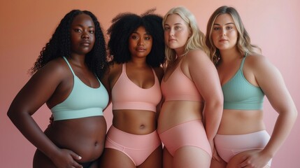 Wall Mural - Diverse group of women of different ethnicities. Sportswear in pastel colors. Minimalist background. Body positivity, inclusivity, and diversity. AI Generated