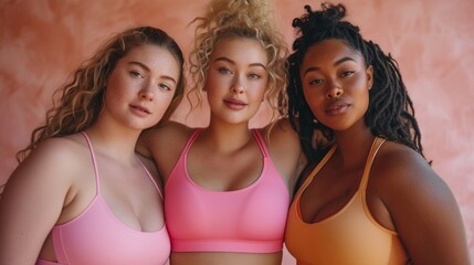 Wall Mural - Diverse group of women of different ethnicities. Sportswear in pastel colors. Minimalist background. Body positivity, inclusivity, and diversity. AI Generated