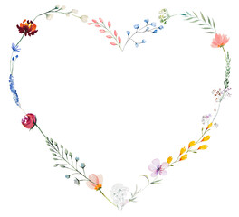 Wall Mural - Heart made with watercolor summer wild flowers and leaves, Colorful wedding illustration