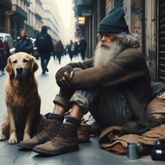 Wall Mural - A homeless man sits on the pavement in the city