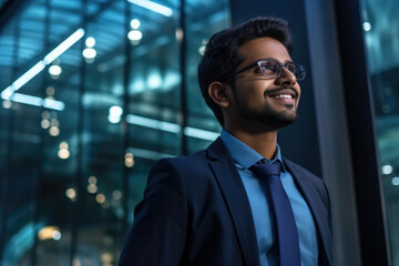 Confident Indian businessman looking at camera standing in modern office . Handsome classy corporation owner. Business portrait