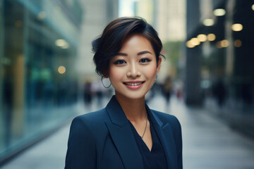 Young asian woman, professional entrepreneur standing in office clothing, smiling and looking confident