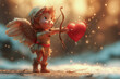 lindo cupido en forma de muñeco apuntando con su arco y flecha a un corazón rojo sobre superficie nevada, y fondo nevando desenfocado bokeh