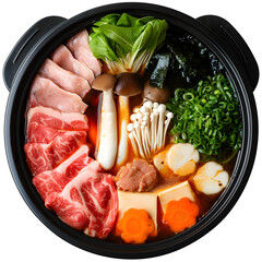 Wall Mural - Top view delicious Shabu Shabu hotpot with meat and vegetables Japanese food in black bowl, isolated on white