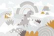 Vector children hand drawn cute dinosaurs and rainbow illustration in scandinavian style. Mountain landscape, clouds. Children's tropical wallpaper. Mountainscape, children's room design, wall decor.