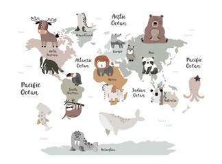 vector world map for kids with cute animals. children's map design for wallpaper, kid's room, wall a