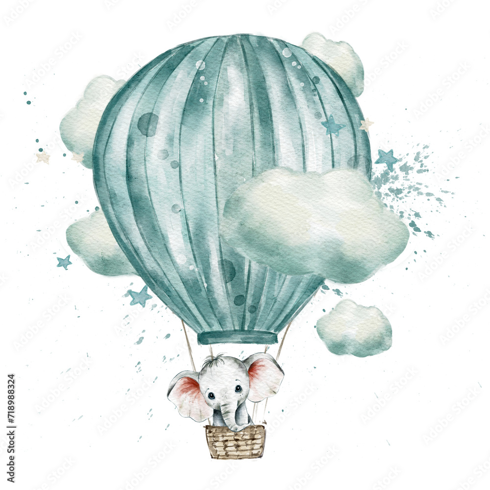 Baby elephant with balloons. Watercolor hand painted illustrations for ...