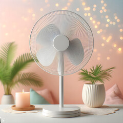 Metal white fan on pastel bokeh background