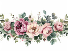 Set Di Fiori Rosa Tipo Peonie  E Foglie Verdi, Bordo O Ghirlanda, Clip Art Per Matrimonio Su Sfondo Bianco Scontornabile, Colori Tenui