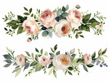 set di fiori rosa tipo peonie  e foglie verdi, bordo o ghirlanda, clip art per matrimonio su sfondo bianco scontornabile, colori tenui