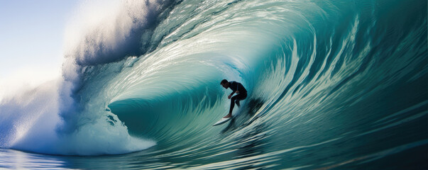 Surfer is practicing surfing on big wave on the ocean.