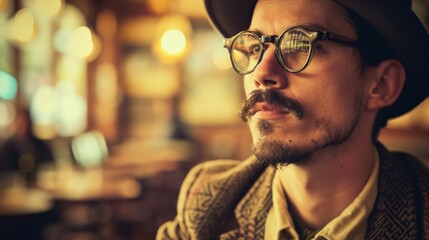 Canvas Print - A man with glasses and a hat sitting in front of some tables, AI