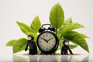 Black alarm clock with two rain dolls and white vase on green leaves on white background