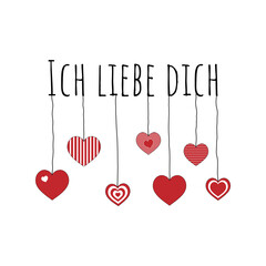 Poster - Ich liebe dich - Schriftzug in deutscher Sprache. Liebesbotschaft mit rot-weißen Herzen.