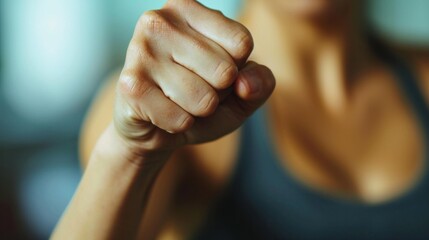 Canvas Print - A close up of a woman in black tank top fist raised, AI