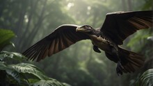 An Dinosaur Bird Flying On The Sky Of A Tropical Jungle Forest From Generative AI