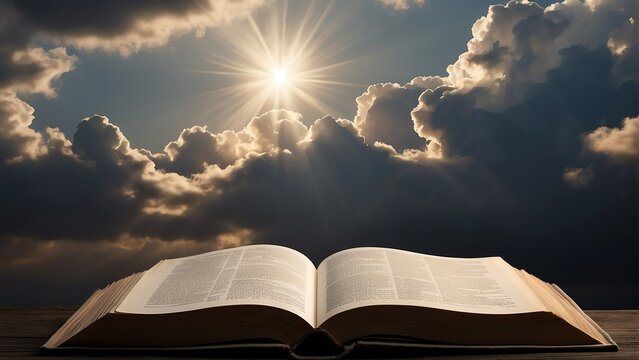 an open book in heavenly background of clouds symbol of faith, concept of spirituality and religion 