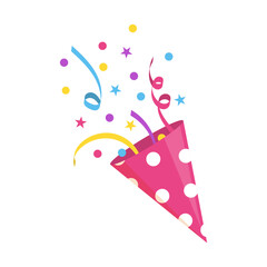 Party Popper cone for Celebrating Birthday flat Vector. Surprise Exploding Multicolor Confetti.