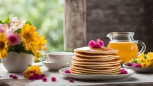 Stack Of Pancakes With Flowers
