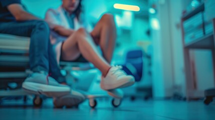 Canvas Print - A woman sitting on a skateboard in the waiting room of an office, AI