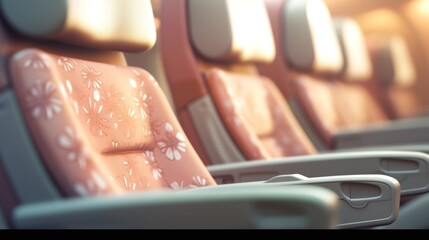 Canvas Print - A row of seats on a plane with pink and white flowers, AI