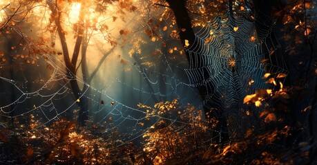 Poster - a spider web in the middle of a fores