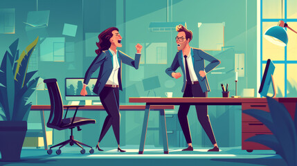 Male and female office workers are screaming at each other, angry, illustration