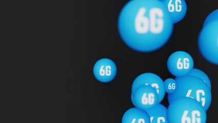 Poster - Blue bubbles with 6g text flying upwards on black backdrop. Global mobile networking, wireless technology concept. 3d render loopable