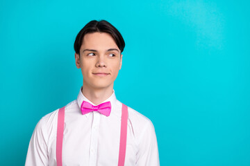 Wall Mural - Photo portrait of pretty young male look empty space promo dressed stylish pink outfit isolated on aquamarine color background