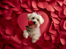Cute White Dog Holding Rose In Red Hear Frame