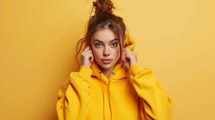 A young woman model in yellow hoodie on yellow background. Studio photography