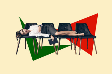 Sticker - Creative trend collage of hot gorgeous stunning female lying office chairs businesswoman weird freak bizarre unusual fantasy billboard