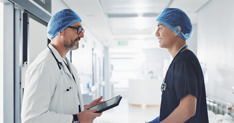 Poster - Tablet, hospital and doctors in discussion for teamwork, collaboration and advice for diagnosis. Healthcare, meeting and people on digital technology for results, medical research and patient report